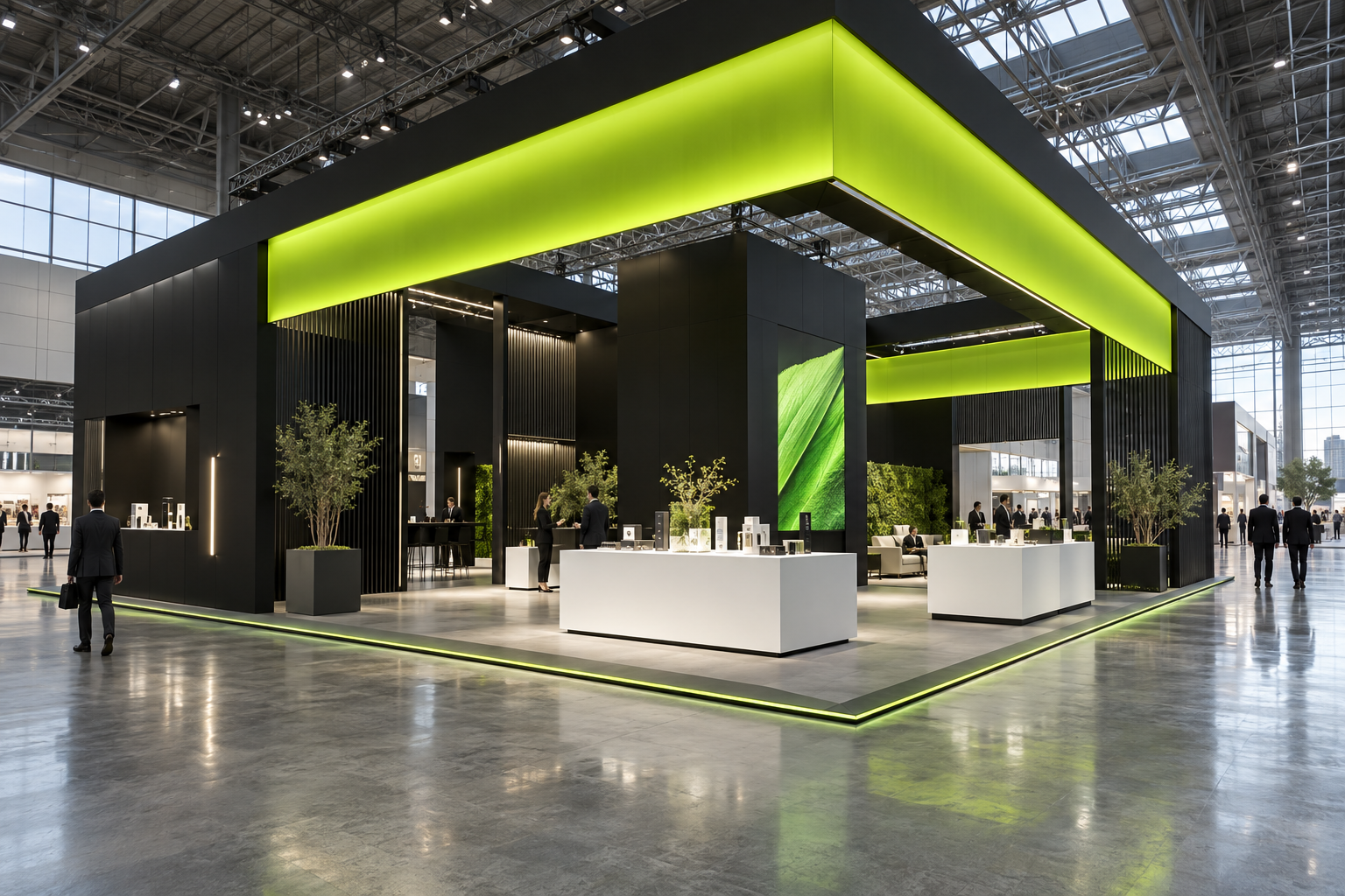 Exhibit with a black architectural frame and electric green canopy