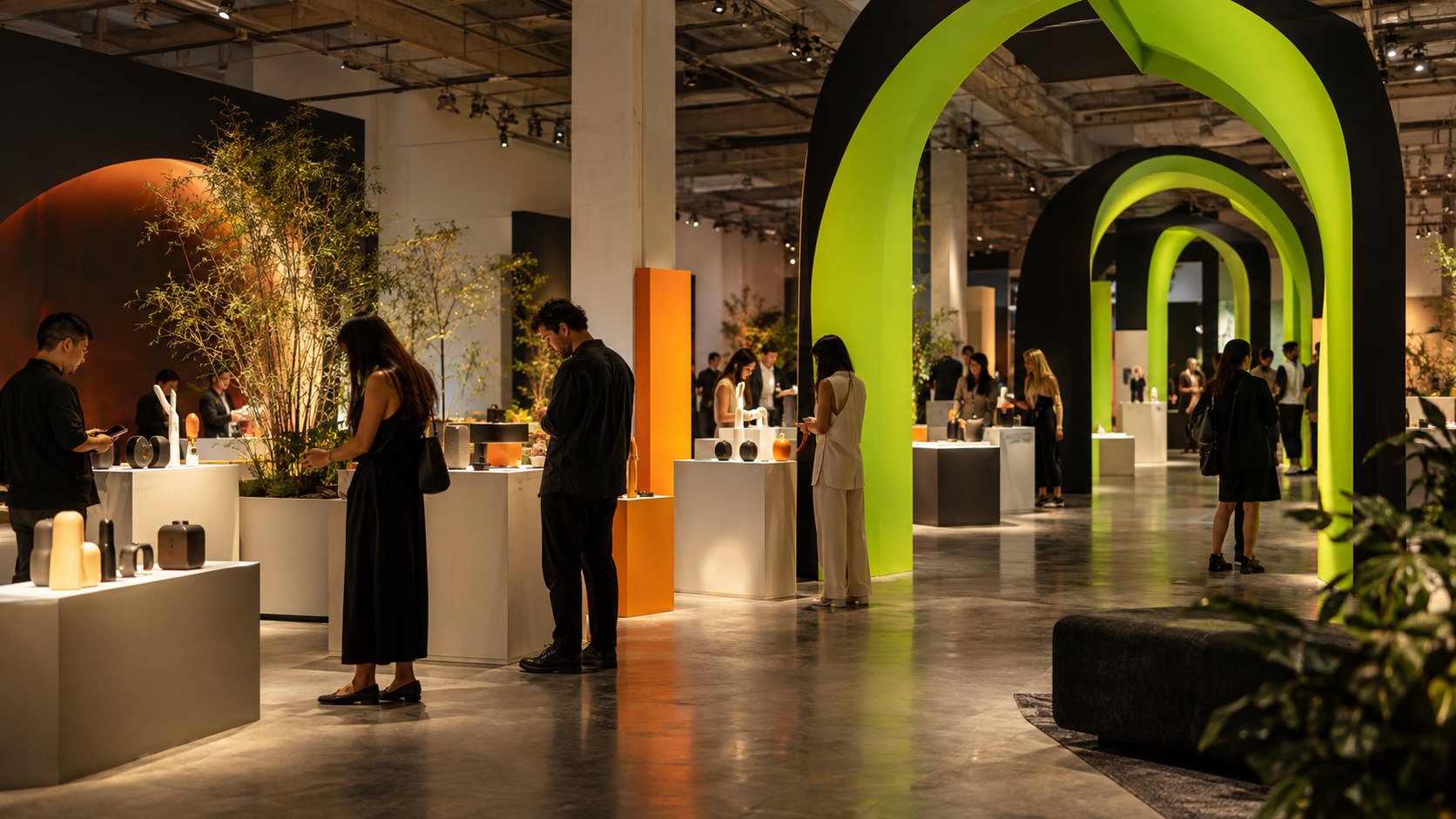 Immersive pop-up space with sculptural lime installations, product displays, and guests
